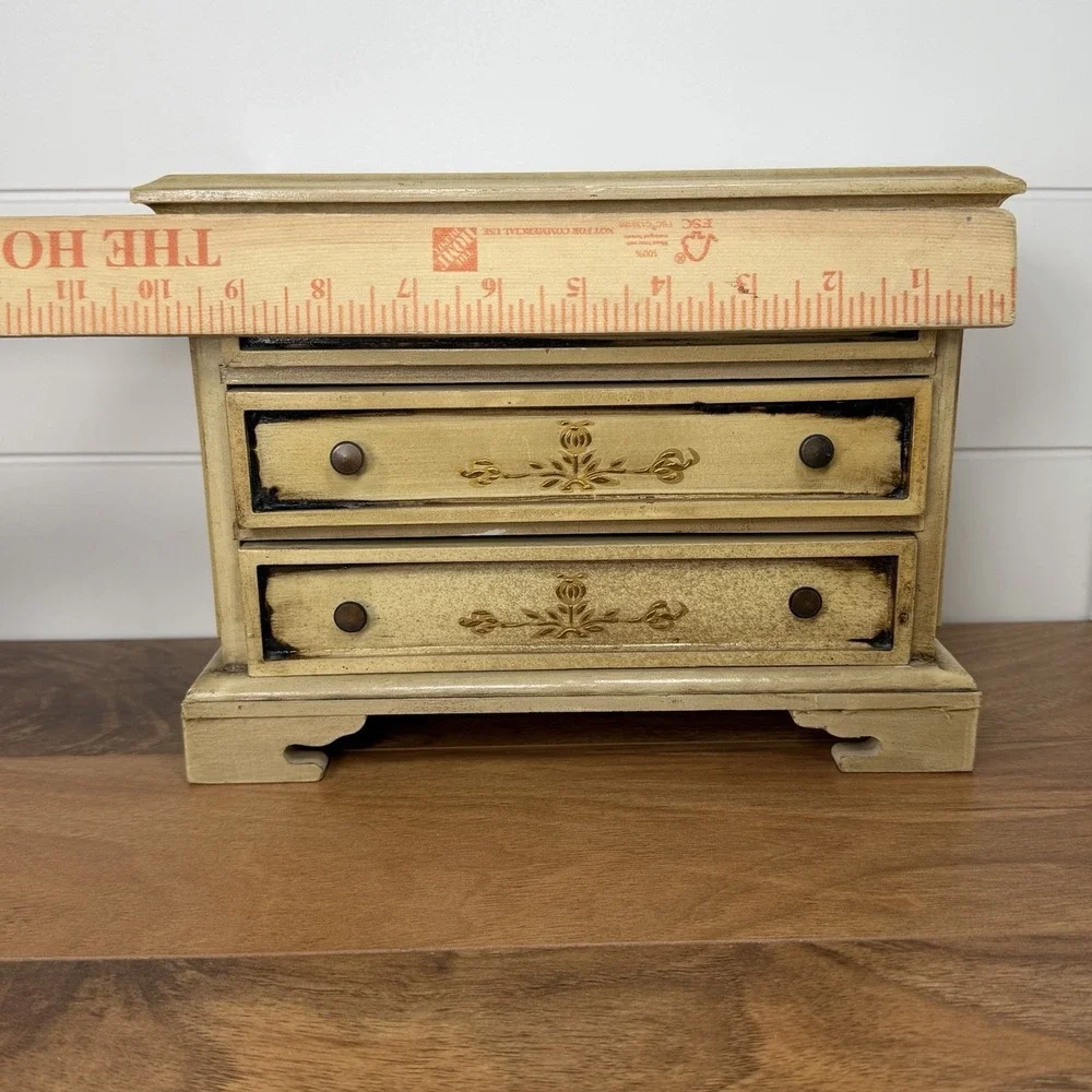 VTG Wooden Florentine Music Box Jewelry Trinket 3 Drawers MCM Japan Cottagecore